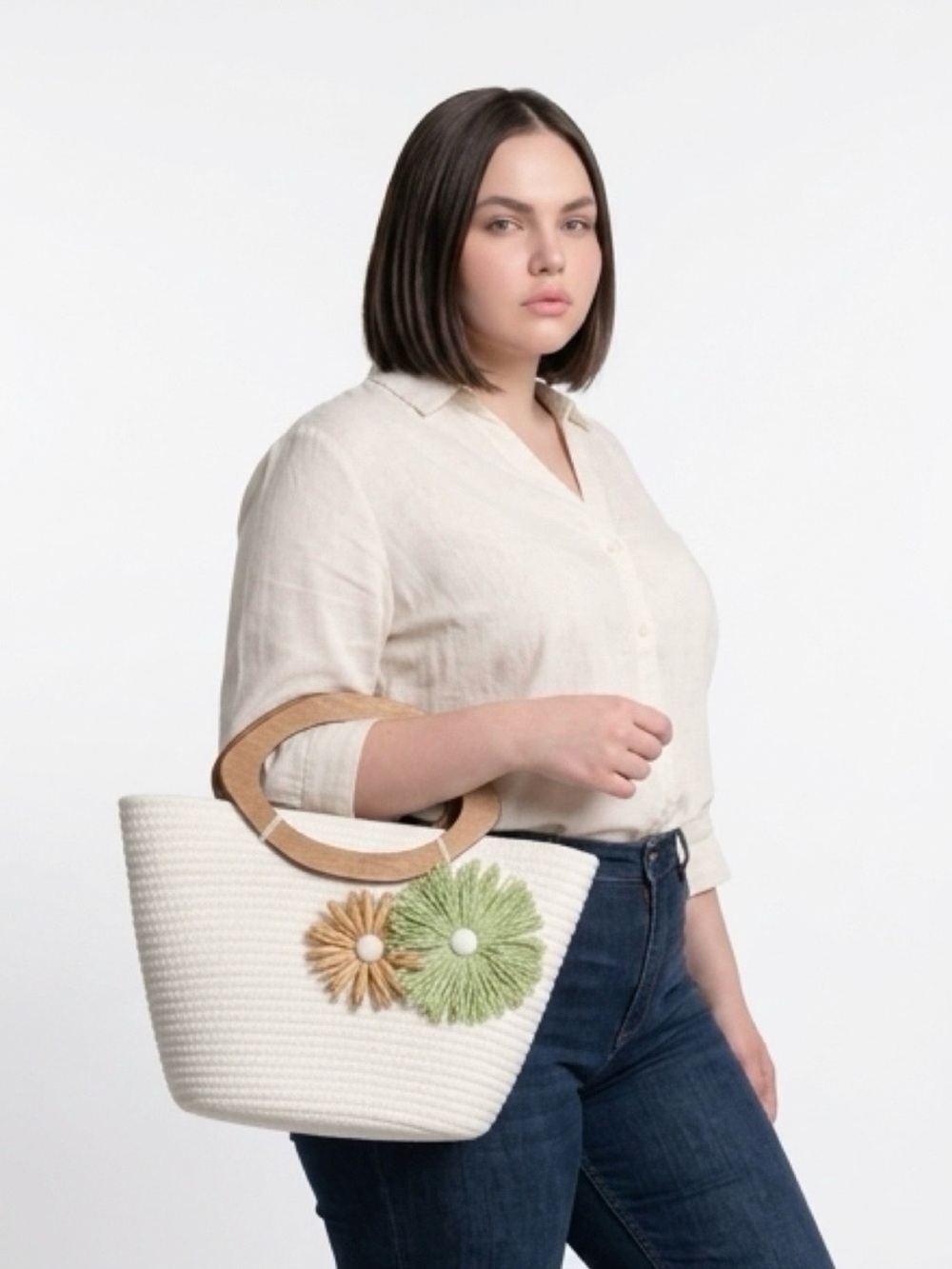Woven Straw Tote Bag with Wooden Handles and Floral Accent - White